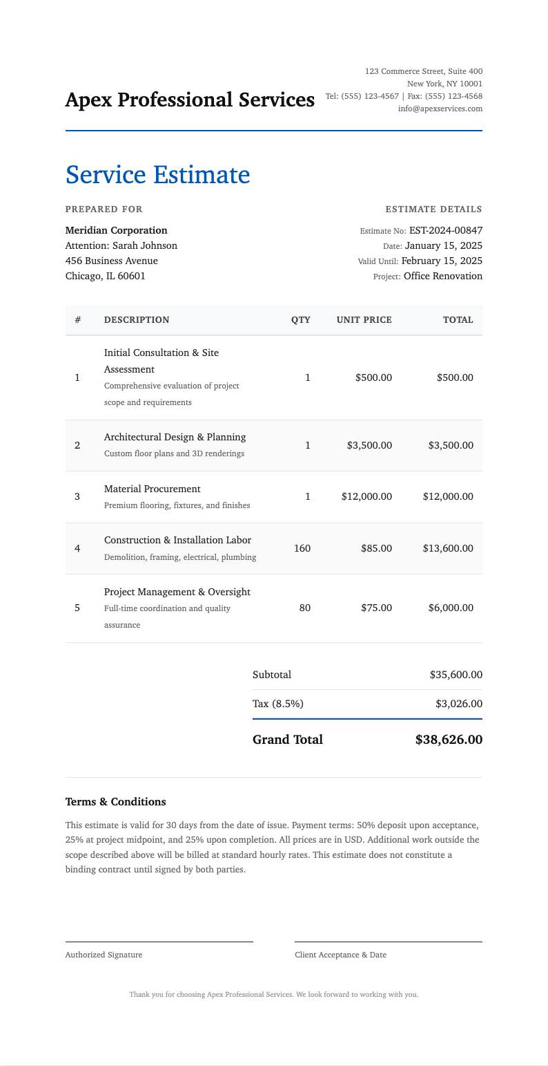 Classic professional service estimate